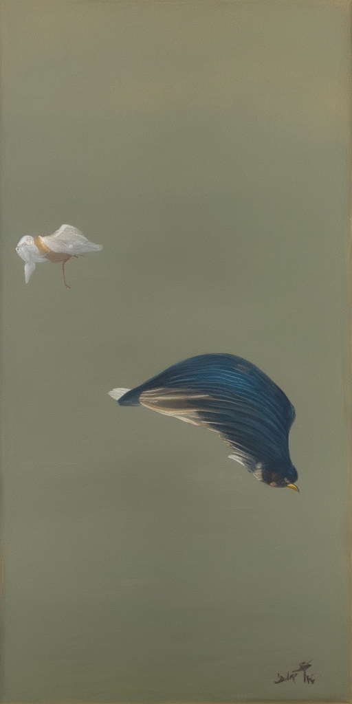 a painting of A bird suffocates in water
