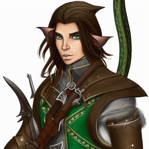 a portrait of a D&D Character Male Elf with long brown hair, green eyes, light brown skin, wearing studded leather, holding a longbow.