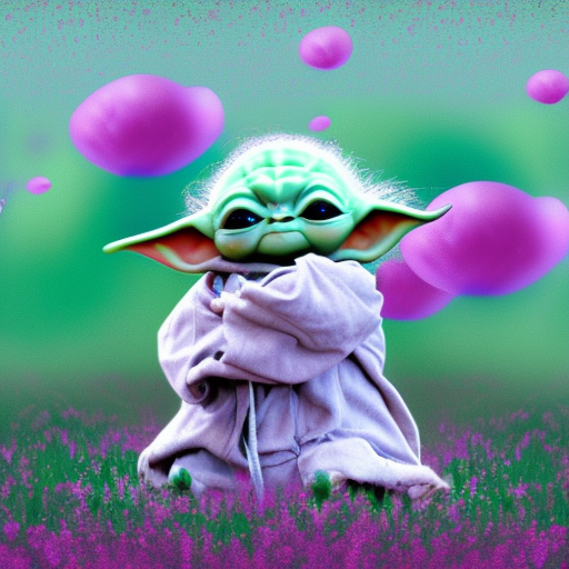 baby yoda surrounded by teal pink and purple bubbles, in a flower field at night, warm lighting, digital art, HDR 