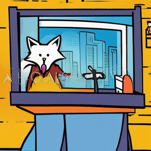 a cartoon fox in jacket in front office of the Dubai and sunset