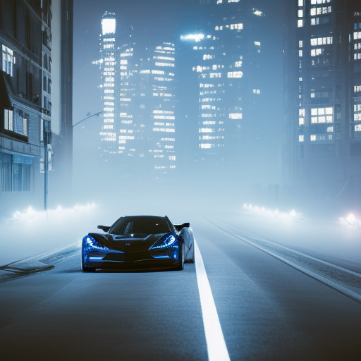 dutch angle photo silhouette of a 2022 C8 Corvette coupe rapid blue color with the car lights piercing the dense fog, low light, dark mode, city street