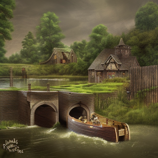 Dark medieval wide rocky river lock with two sluices, lock gates, one house, Warhammer fantasy, summer, bushes, trees, nets, fishing, fish, water-lily, boat, poor, black adder, muddy, puddles, misty, overcast, Dark, creepy, grim-dark, gritty, detailed, realistic, illustration, high definition