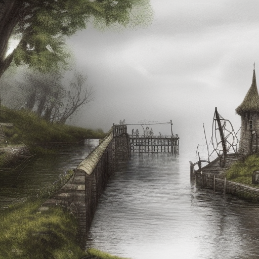 dark medieval wide river, river lock with two sluices between island and shore, two water levels, Warhammer fantasy, single building, summer, trees, fishing, nets, black adder, misty, overcast, Dark, creepy, grim-dark, gritty, Yuri Hill, hyperdetailed, realistic, illustration, high definition