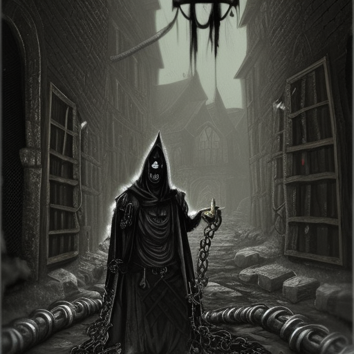 cultist of Belakor in black hood holding book in medieval dark alley, belt made from chains, soot-covered face, big black nails in flesh, black shadow magic, Warhammer fantasy, creepy, grim-dark, Yuri Hill, gritty, realistic, illustration, high definition