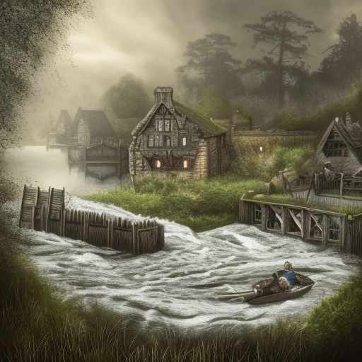 dark medieval wide river, rocky rapids, river lock with two sluices between island and shore, two water levels, Warhammer fantasy, house, summer, trees, fishing, nets, black adder, muddy, misty, overcast, Dark, creepy, grim-dark, gritty, hyperdetailed, realistic, illustration, high definition