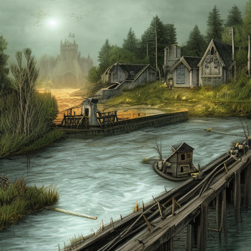 dark medieval wide river, rocky rapids, river lock with two sluices between island and shore, two water levels, Warhammer fantasy, house, summer, trees, fishing, nets, black adder, misty, overcast, Dark, creepy, grim-dark, gritty, hyperdetailed, realistic, illustration, high definition