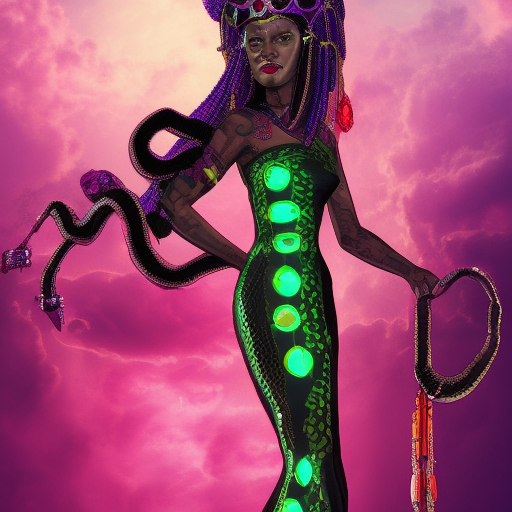 snake empress. with large headdress, in a royal palace. red cosmo in background. long purple and black Dress. Green skin. braids in hair. cyberpunk realistic, Cinematic Lighting, soft light