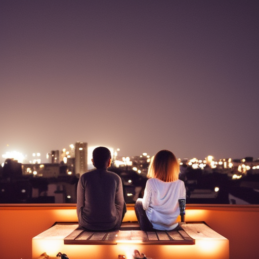 Boy and girl sitting on a rooftop terrace at night and girl with a coffee mug in her hand 