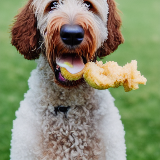 A professionally photographed portrait of a labradoodle dog eating