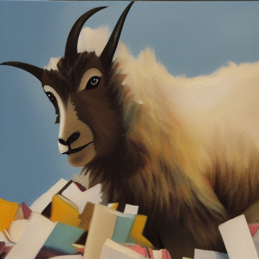 Mountain goat sitting on a mountain of papers, munching paper, oil painting