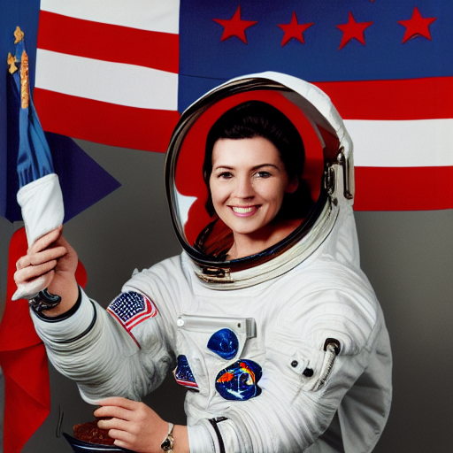 astronaut holding a flag in a dessert full of girraffes