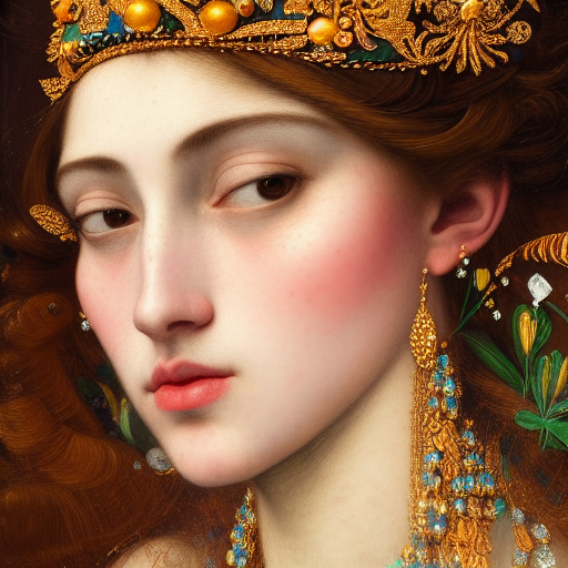 a close up of beautiful girl wearing a crown wearing and golden jewellery surrounded by colourful intricate patterns, by edgar maxence and caravaggio and michael whelan, intricate painting, hyper realistic, extremely detailed and beautiful aesthetic face, 8 k resolution ultra-realistic potrait cinematic lighting 80mm lens, 8k, photography