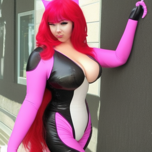 curvy anthropomorphic cat woman with long pink hair, cute