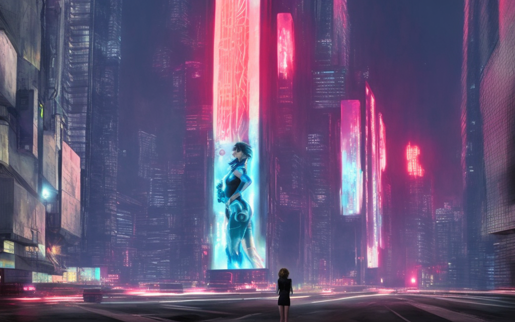 realistic falling scarlett johansson character from ghost in the shell, futuristic tower city on fire, neon billboards


