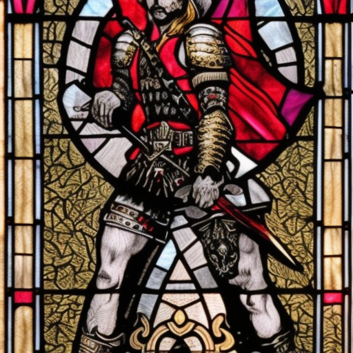 a young evil satanic triumphant gladiator with a sword, Warhammer fantasy, intricate stained glass, black and red, gold and blue, grim-dark, detailed, gritty