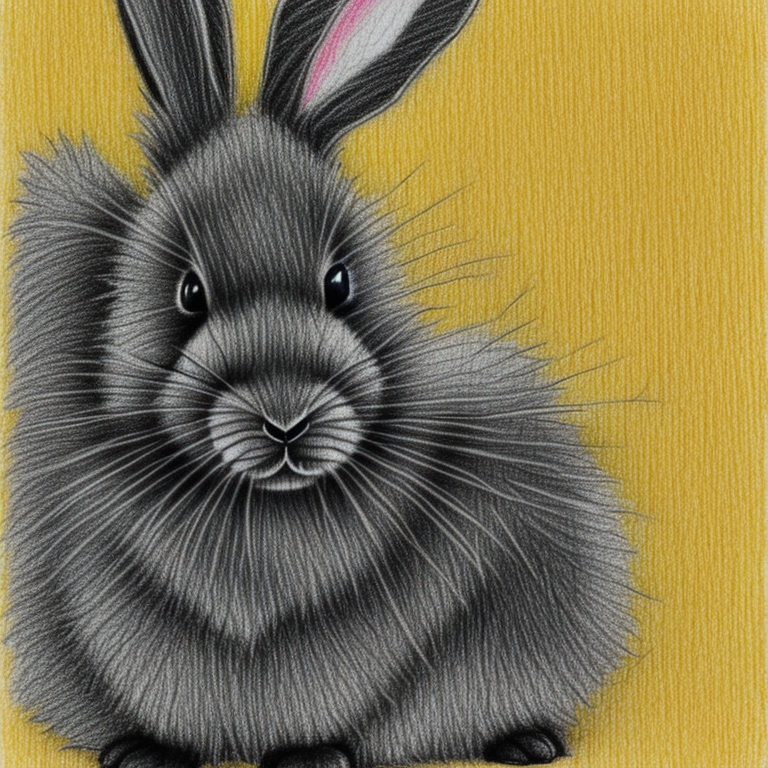 fluffy cute black rabbit on yellow background in the style of a pencil drawing

