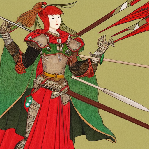 hyperdetailed illustration asian red head with green eyes medieval armour