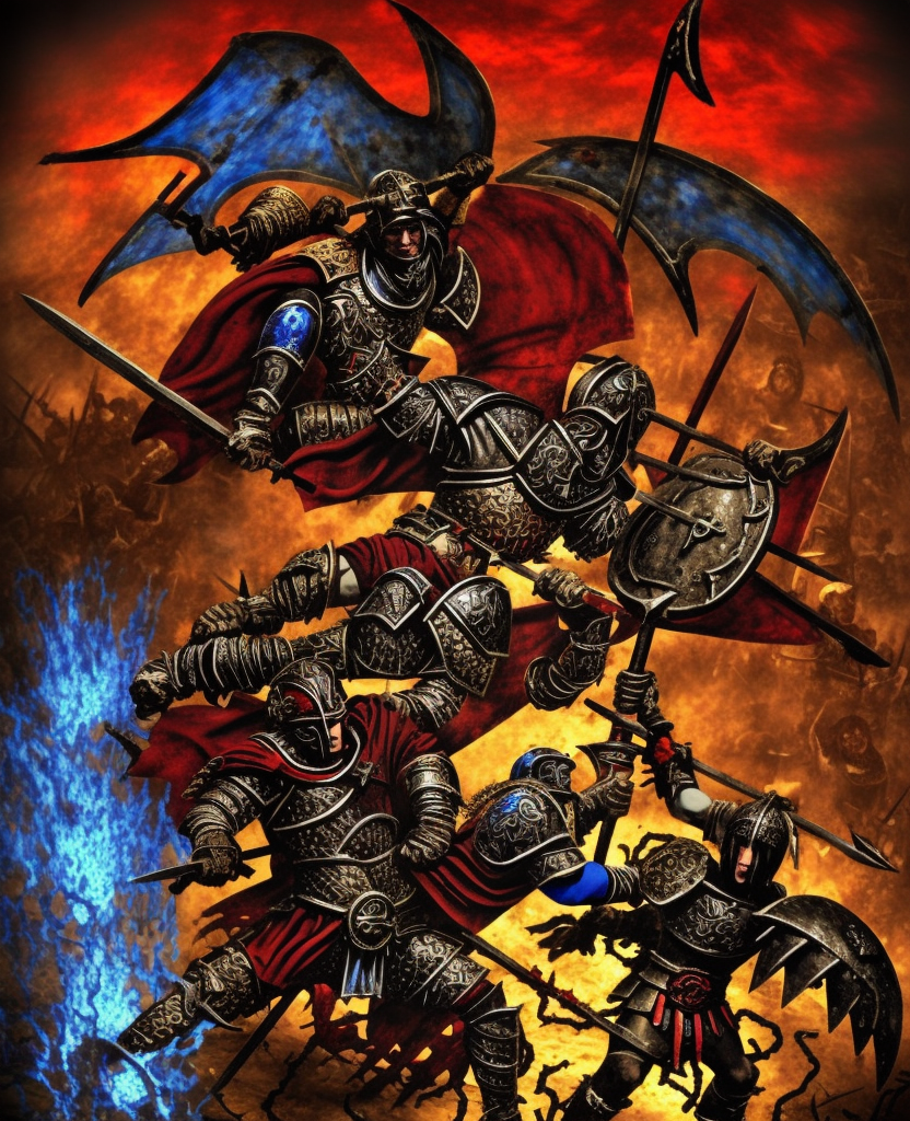 dark medieval, triumphant young evil gladiator beating a good gladiator, Path of Exile, Warhammer fantasy, black and red, gold and blue, stained glass, grim-dark, gritty