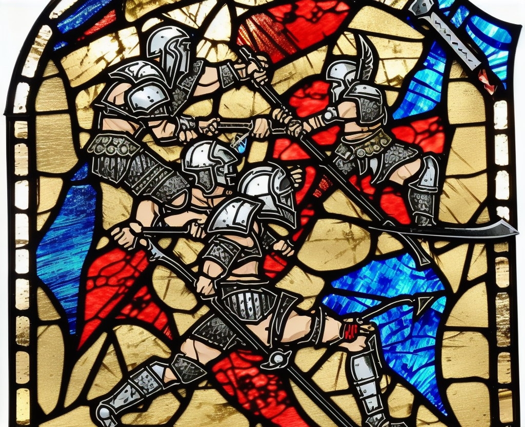 dark medieval, duel of evil gladiator and good gladiator, triumphant young evil gladiator defeating good gladiator with sword and shield, Warhammer fantasy, intricate stained glass, black and red, gold and blue, grim-dark, gritty