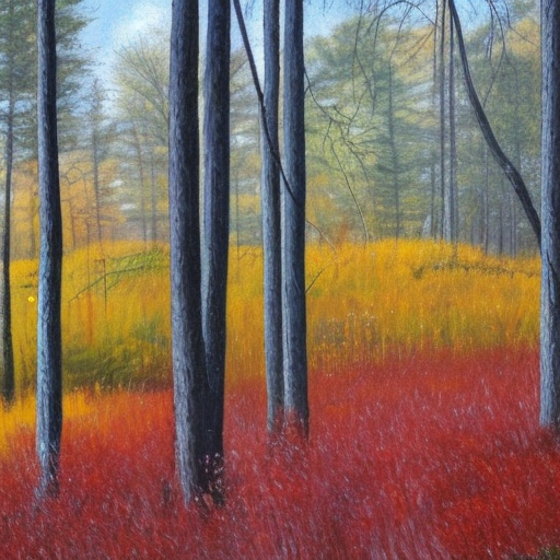 The autumn forest is brightly decorated. Through the tall yellow-red grass you can see the trail, which has several branches. Tall trees with bright yellow and red foliage frame the canvas at the edges. In the bright colors of the fading forest, two dark figures can be discerned in the background of the painting. A small, light-colored house with a red-sloping roof can also be seen in the background. 