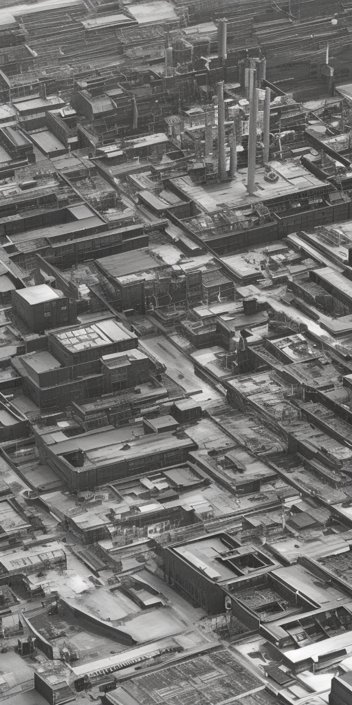A black and white 3d rendering of a factory in Wuppertal, a very close-up shot. It is a clear and bright day. In the center of the image, a brick chimney stands tall, dominating the top half of the picture. In the background, behind the industrial building, there is a tree. Everything else is hidden in deep shadow except for the chimney. The chimney, as the tallest object, rises stretches towards the light of the sun, as if it were a tree turning towards its source of food. The tree, which is just a tree, is only a dark outline in comparison. Would it be too deep to say that here, the capitalist human work rises above natural creativity, showing its strength and pride without realizing that its downfall is already inherent in this outstanding pride? Or is a chimney sometimes just a chimney?