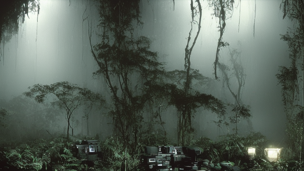 film still of a dark scientific research outpost with complicated machinery in a moist foggy jungle, science fiction, ridley scott, lights through fog, futuristic outpost building, wet lush jungle landscape, dark sci - fi, 1 9 8 0 s, beige and dark atmosphere, ridley scott