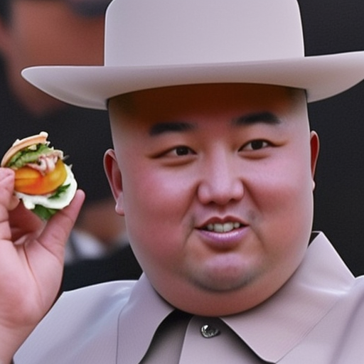 Kim Jong-un eating a hamburger and wearing a cowboy hat
