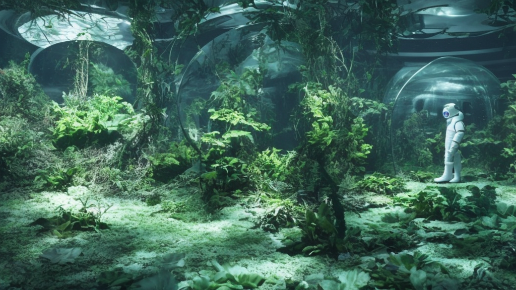Futuristic astronaut in an empty dark flooded ballroom overgrown with aquatic plants, film still from the movie directed by Denis Villeneuve with art direction by Salvador Dalí, wide lens
