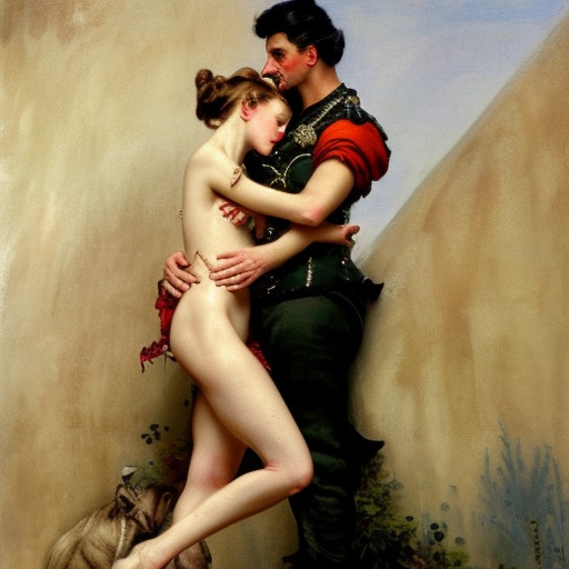 attractive 2 1 savage shirtless but wearing pants flirting with his attractive mistress. the mistress is also flirting back, the mistress is also wearing pants highly detailed painting by gaston bussiere, craig mullins, j. c. leyendecker