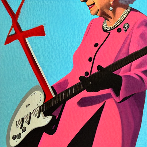 Queen Elizabeth II rocking out on fender mustang, on stage at Coachella, oil painting 