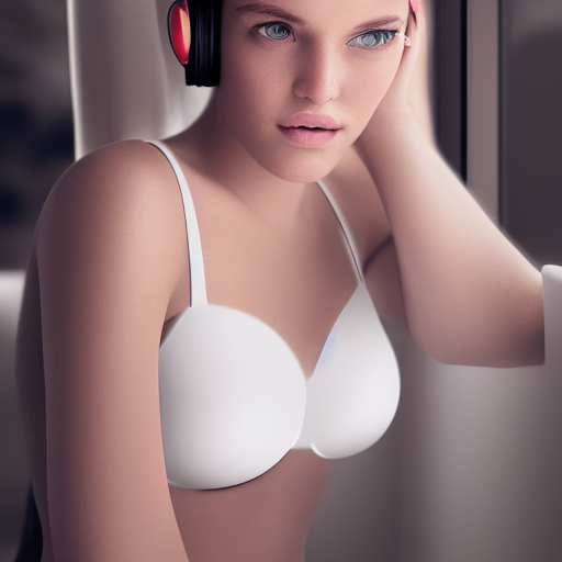 gorgeous young Swiss girl sitting by window with headphones on, wearing white bra with translucent shirt over, soft lips, beach blonde hair, octane render, unreal engine, photograph, realistic skin texture, photorealistic, hyper realism, highly detailed, 85mm portrait photography, award winning, hard rim lighting 