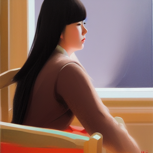 oil painting by ilya kuvshinov, sakimichan, coby whitmore, of a youthful japanese beauty, long hair, sitting on antique chair leaning against a desk, victorian room
