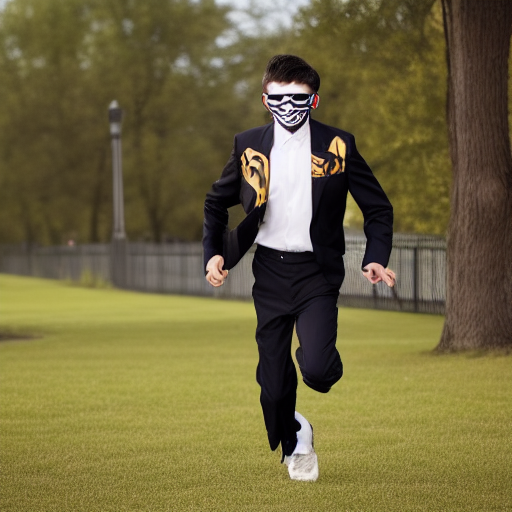 A teenager with a tiger mask wearing a suit jacket and running shorts. 