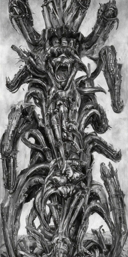 a H.R. Giger of First thought: Cerberus, this could be a good dog, a dog that is sometimes a bit much, but a good dog, that could be him. Second thought: damned tanks, damned sword, damned war culture – all the shit that forces me to run around fully armored. Third thought: ZERRRRBERUS is one, as I am, one of the youngsters who had a sword pressed into their hands without being asked. Thought gap: Breath Fourth thought: OOOO ZERRREBERUSSS, the great Hades, who is basically the same as us, only appears big and strong on the outside. Thought gap: Schnauf, Schnauf Fifth thought: Let's be honest: He doesn't appear like that anymore, he lets himself appear, uses as figures who, without having to show himself, play his stronger, greatness. Sechter thought: Oh Cerberus, the life of another, that's what our lives have in common. 