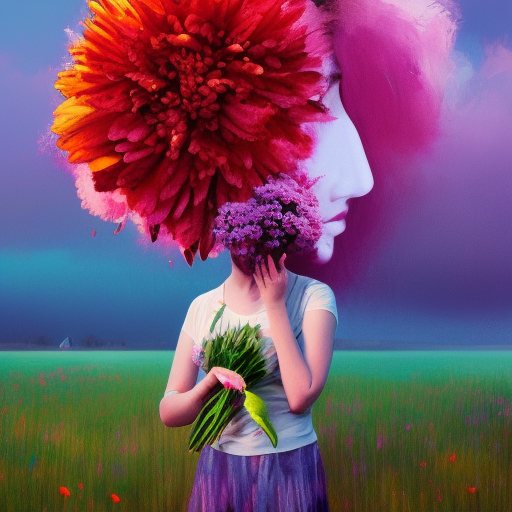 girl with a flower for a head, surreal photography, dream, standing in flower field, magical, in a valley, sunrise dramatic light, impressionist painting, colorful clouds, artstation, simon stalenhag, flower face