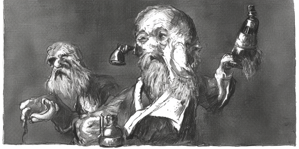 a drawing of Friedrich, old drinking and barrier buddy, what's hanging over your head? Is this perhaps the holy ketchup bottle that, in view of your holy fight for the animal packed in your own intestine, will soon pour over you and leave a crusty, fat circle on your incipient baldness for all future times. So that every initiate will recognize at first glance how great your commitment to our freedom is.