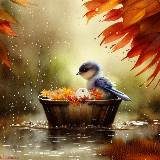 watercolor painting, Jean-Baptiste Monge style, Cute baby bird taking a bath in the rain in Autumn, splash art, highly detailed, extremely detailed, very attractive, dynamic lighting, ultra-detailed, high definition
