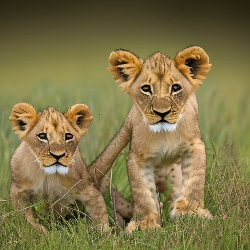 The image depicts two lion cubs standing in a grassy field, looking around nervously as rain pours down around them. Lightning flashes in the background, illuminating the dark clouds overhead. The cubs are soaked and shivering, with their fur sticking to their bodies. They are clearly searching for their mother, who is nowhere to be seen. The storm rages on around them, creating a sense of danger and instability.
