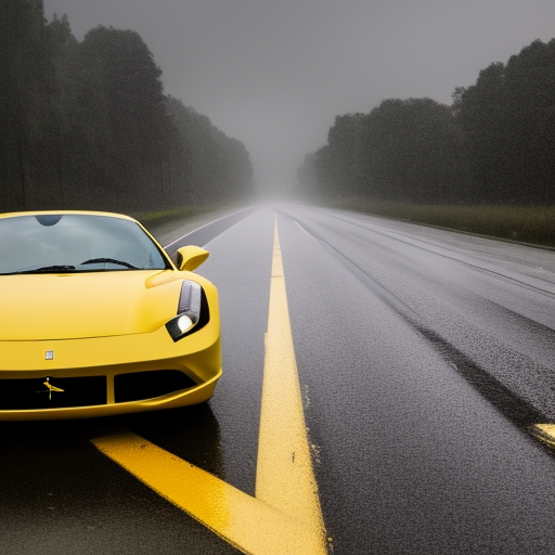 Photo of a yellow ferrari car, wet road, lightning in sky, in crpht-4300 photography style