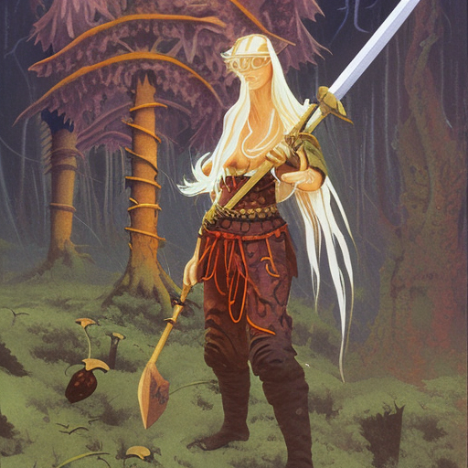 moonshine cybin, buxom epic level dnd wood elf spore druidess, wielding a magical sword, wearing magical overalls. covered in various fungi. full character concept art, realistic, high detail digital painting by angus mcbride and michael whelan and michael william kaluta.
