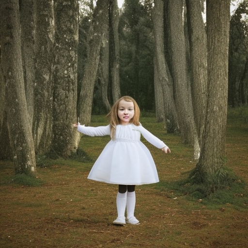 a little girl wearing a white skirt magical forest, 