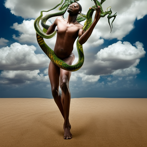african american adam and eve ,  serpent , drak clouds , defined features, Perfect cinematic lighting, Unreal Engine 5, Cinematic, Color correction, Editorial photography, Photography, Photo shoot, Shot on a 70 mm lens, depth of field, DOF, Tilt blur, shutter speed 1/1000, F/22, White Balance, 32k, Super Resolution, Megapixel, ProPhoto RGB, VR, tall, epic, artgerm, Alex Ross style