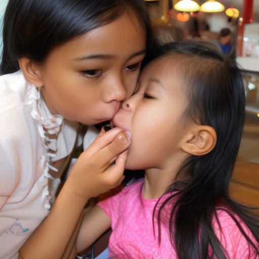 two niece malay girl kissing in cafe 