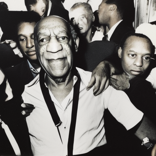 Long shot, Bill Cosby in white button down shirt at a crowded party in downtown loft, anatomically correct, vintage color polaroid photography by Andy Warhol