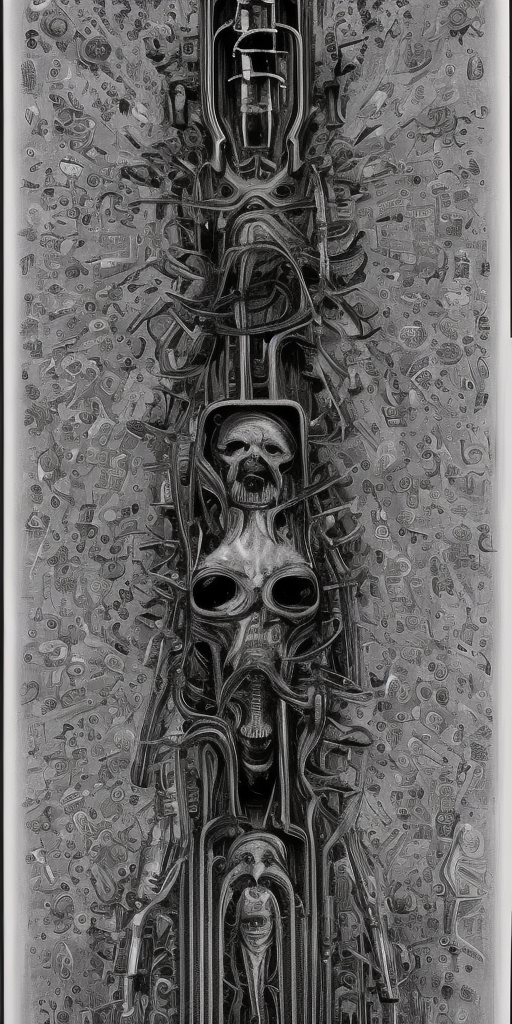 a H.R. Giger in the center of which is a volume control labeled from 1 to 11, as it is typically found in guitar amplifiers. He stands, but not quite on 11. The background is a dark blue floral pattern.