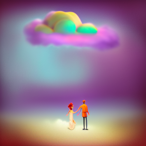 Digital painting of a magical couple floating in a cloud of purple mist, over a desert, vibrant colors, pixar 3D rendering, delicate details, lightning