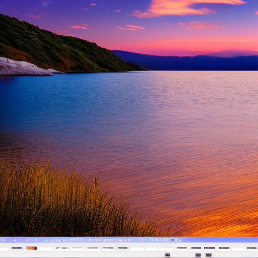 Create an image of a majestic landscape featuring a picturesque sunset with warm, golden light illuminating the sky.The background should also feature a body of water, such as a lake or ocean, with gentle waves lapping at the shore.