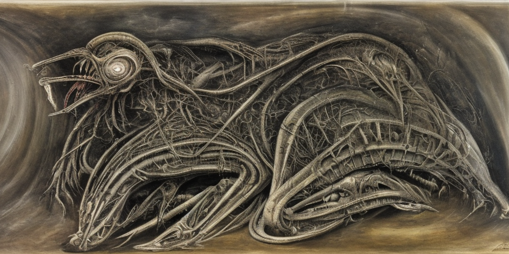 a H.R. Giger of A bird's corpse in the water