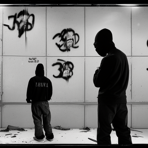 Contact sheet, 35mm black and white photography, African American males wearing ski masks spray painting graffiti in abandoned factory