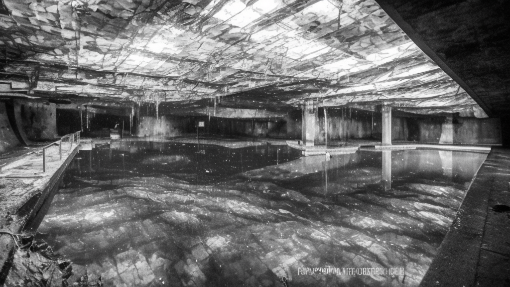 flooded abandoned underground waterpark, liminal space, dark, eerie, creepy, dark lighting, liminal,